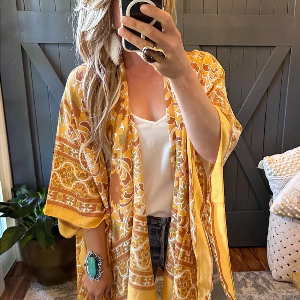 Boho Lightweight Cardigan Mustard Kimono Top  Beach CoverUp
